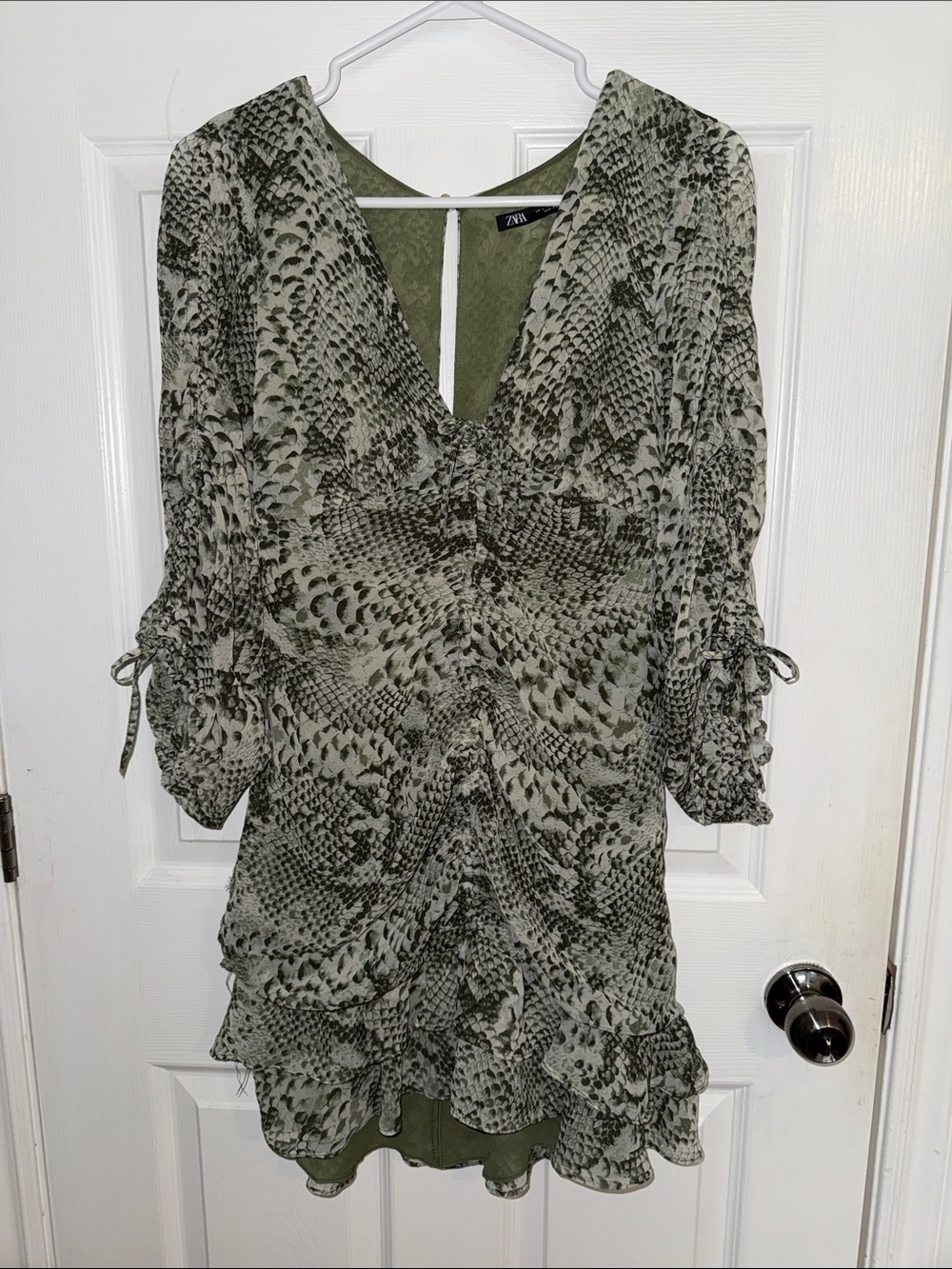 Zara Green Snake-Print Ruched V-Neck Mini Dress